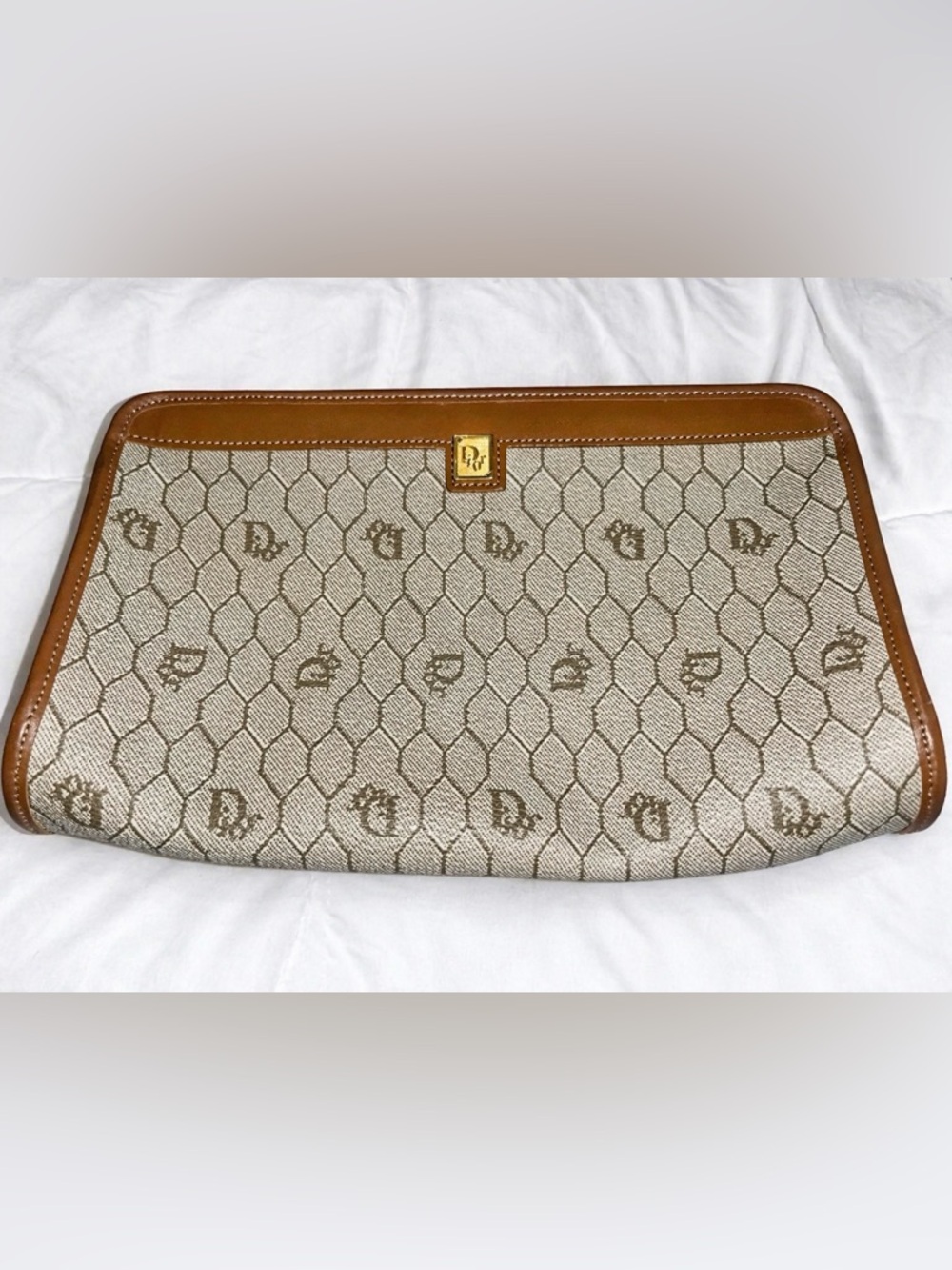 Dior Beige Canvas Pouch with Brown Trim and Gold Accent